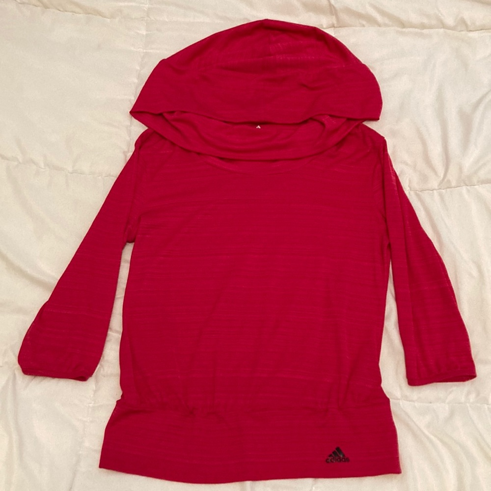 Adidas Women Pink Funnel-Neck Pullover Hoodie Performance Top 3/4 Sleeve Size M